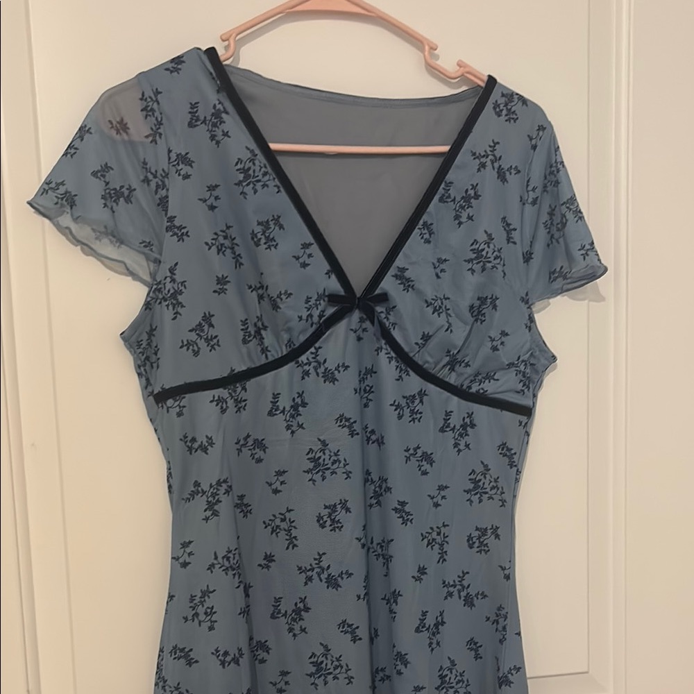 90s vintage style Floral Blue Mini Dress with velvet trim